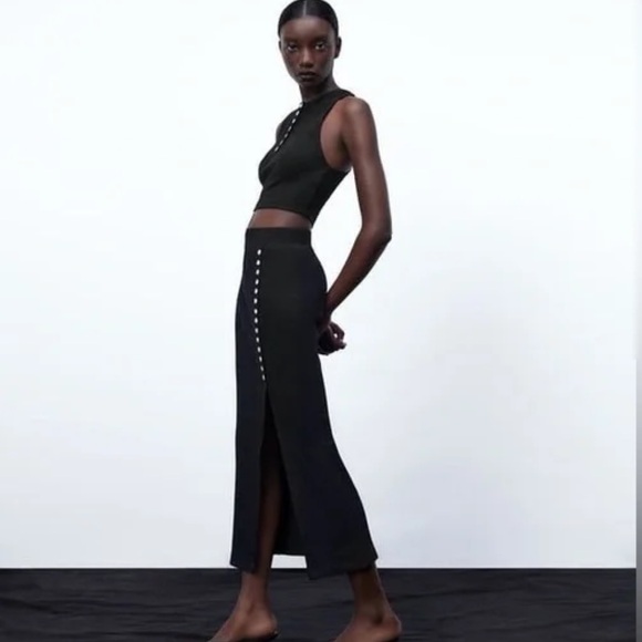 ZARA Pencil Basic Skirt Midi Casual Side Split Ribbed Knit Bodycon Skirt - Picture 2 of 8